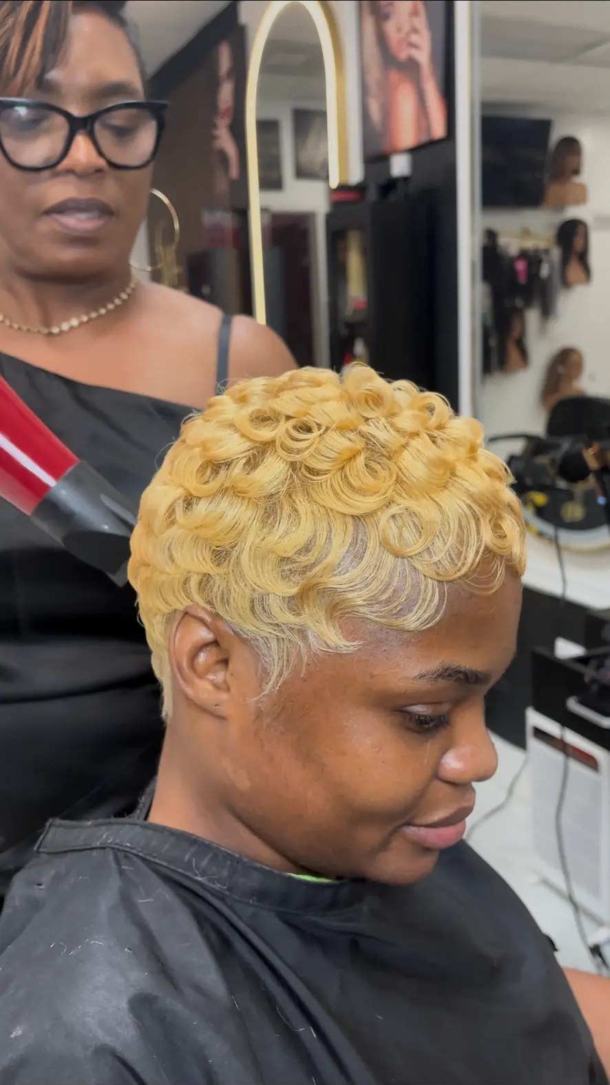 Honey blonde finger-wave pixie cut styled at Carmie Hair in Miramar, FL