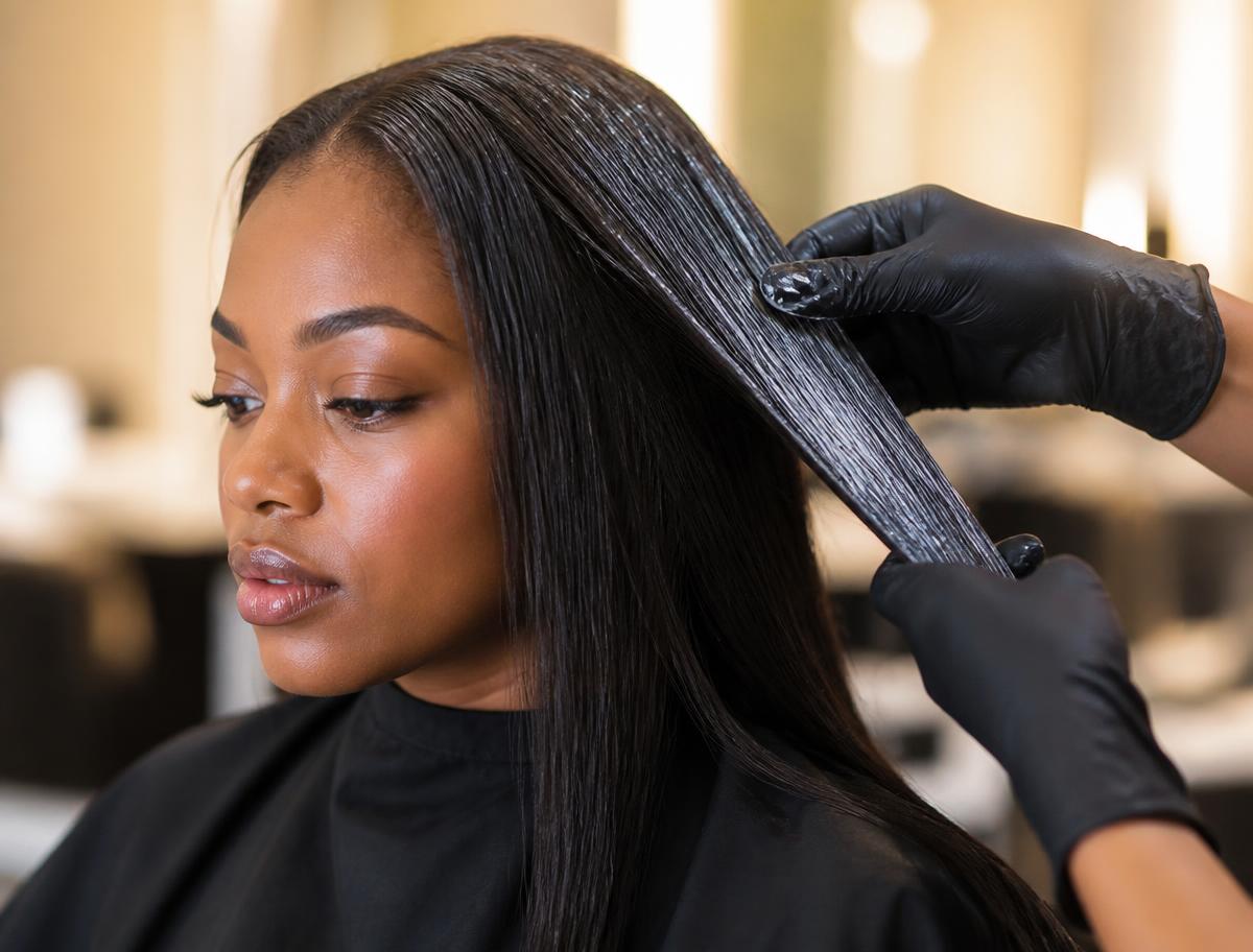 Keratin smoothing treatment being applied to textured hair at Carmie Hair in Miramar, FL